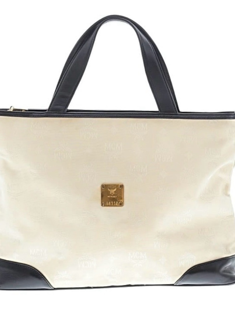 🔥MCM 🔥vintage 🔥Cream 🔥Canvas🔥 Tote 🔥with 🔥Black 🔥Leather 🔥Trim and Gold Plaque🔥